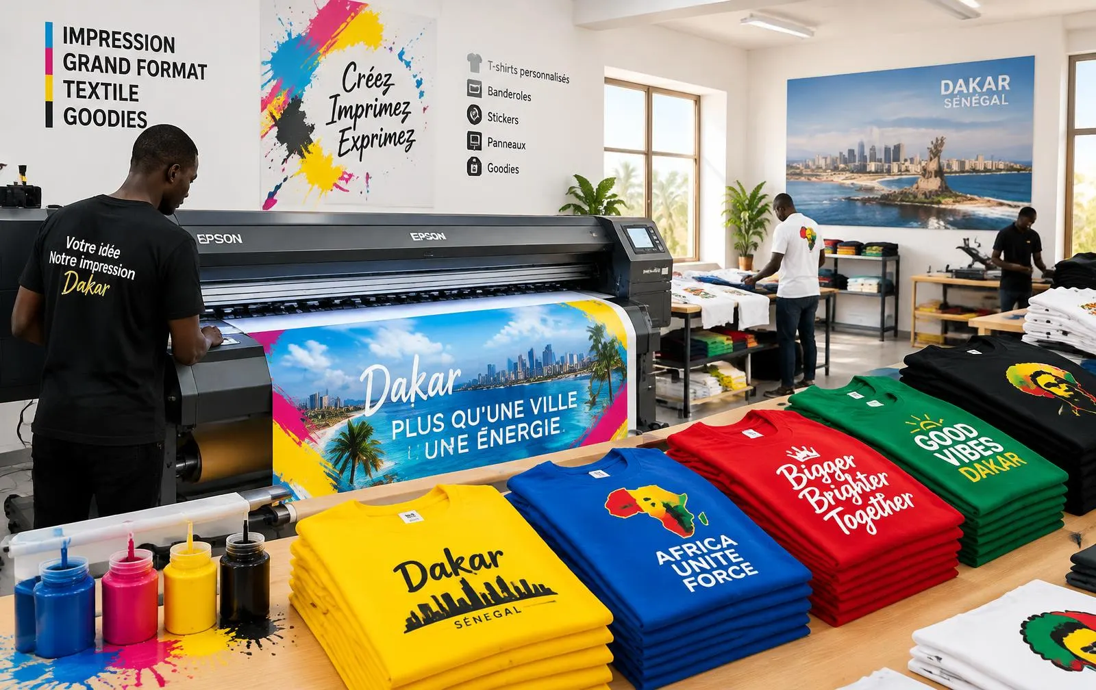 Atelier d'impression PMdesign avec T-shirts personnalisés colorés
